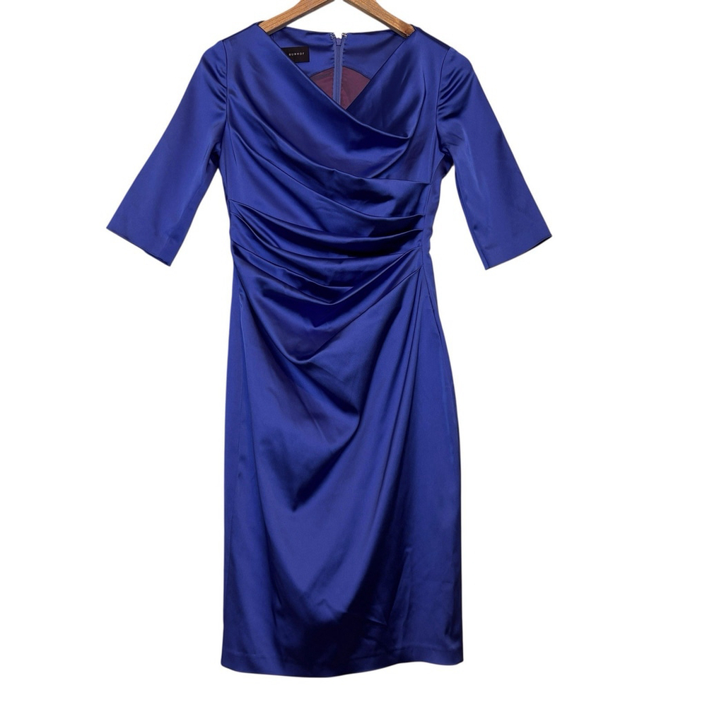 Talbot Runhof Kome3 Blue Satin Draped Cocktail Dress US 10 Knee Length $2143